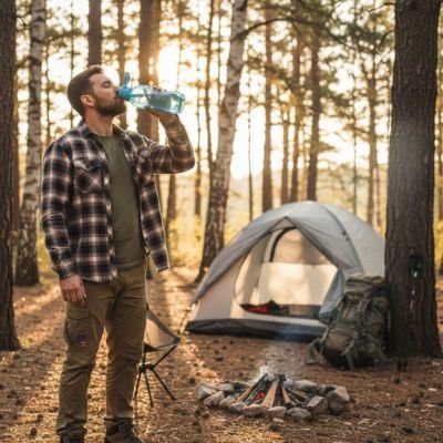 Gourde-plastique-camping-foret-matin 