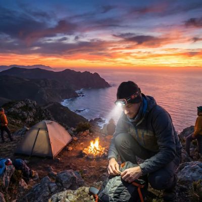 lampe-frontale-trail-bivouac-ocean-crepuscule